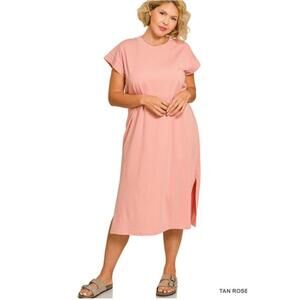 Zenana NWOT Tan Rose Short Sleeve Midi Dress Sizes 1X-2X Cotton Side Slit